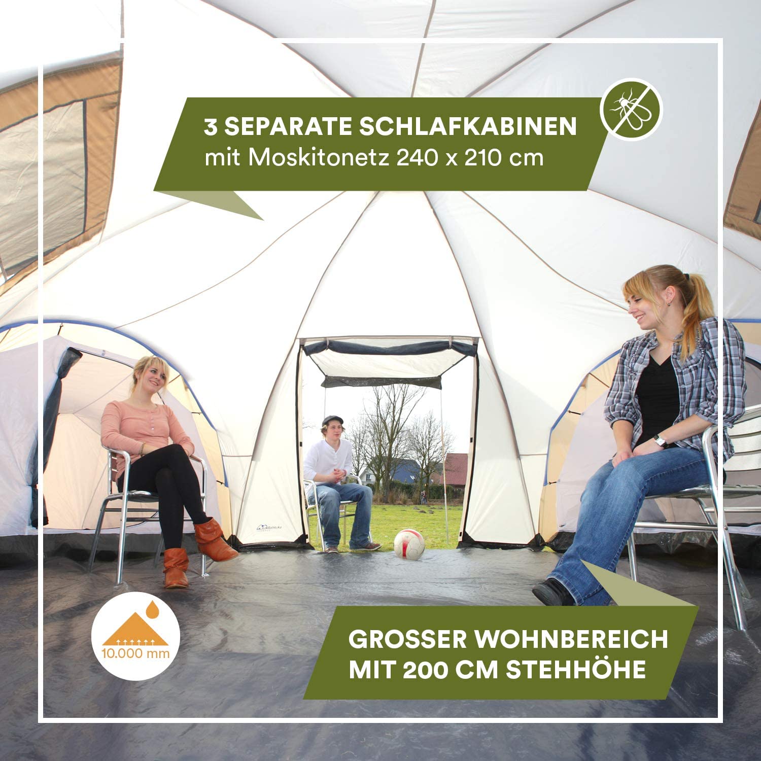 Skandika Turin 12 – Tente Dôme 10-12 Personnes, 3 Cabines, Hauteur 200 Cm, Colonne D'eau 5000 Mm