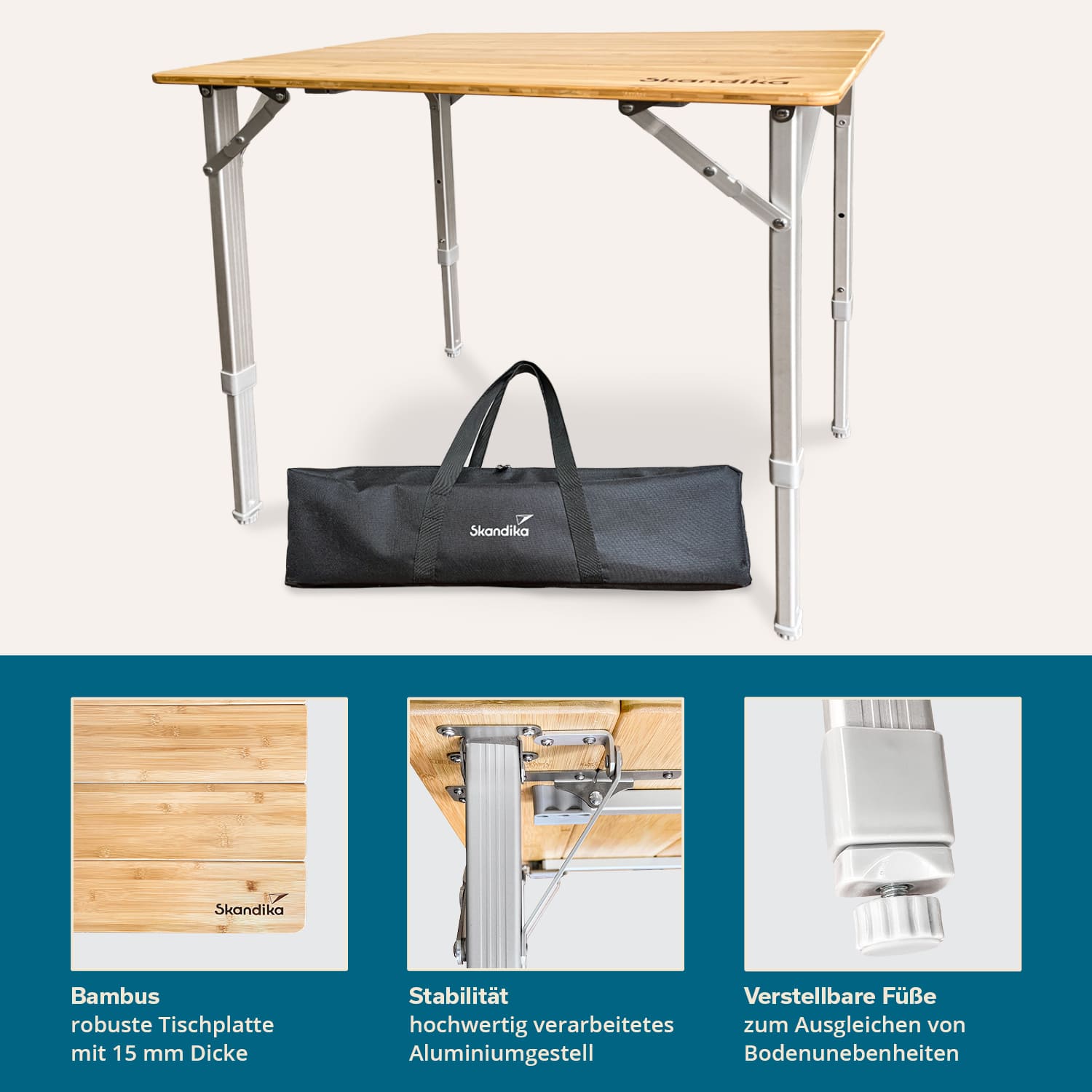 Table de Camping Tolja - Pliante en Bambou et Aluminium - 120x70 cm